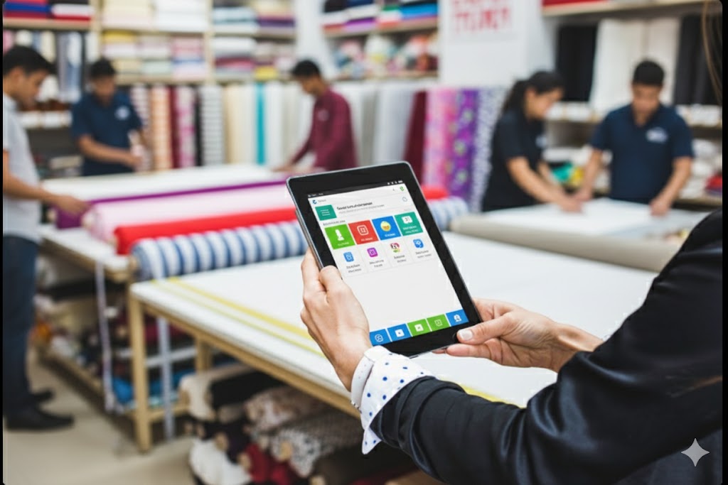 Rolos de tecido organizados em loja - Gestão inteligente com Tec-Tex